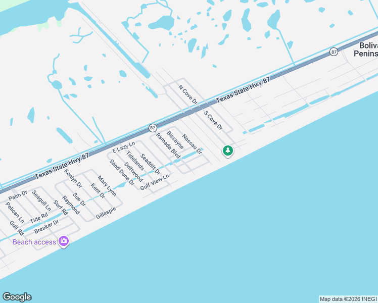map of restaurants, bars, coffee shops, grocery stores, and more near 2904 Laguna Drive in Bolivar Peninsula
