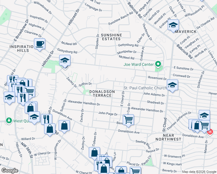 map of restaurants, bars, coffee shops, grocery stores, and more near 815 John Adams Drive in San Antonio