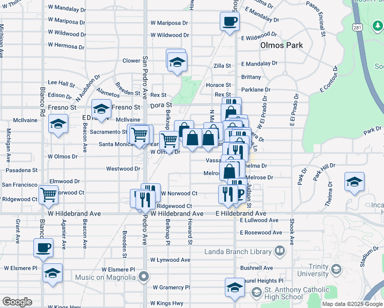 map of restaurants, bars, coffee shops, grocery stores, and more near 300 West Olmos Drive in San Antonio