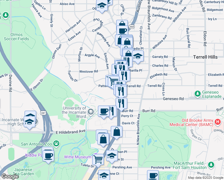 map of restaurants, bars, coffee shops, grocery stores, and more near 4821 Broadway Street in Alamo Heights