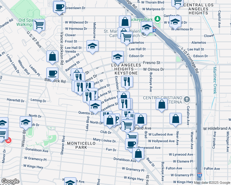 map of restaurants, bars, coffee shops, grocery stores, and more near 2011 Santa Barbara in San Antonio
