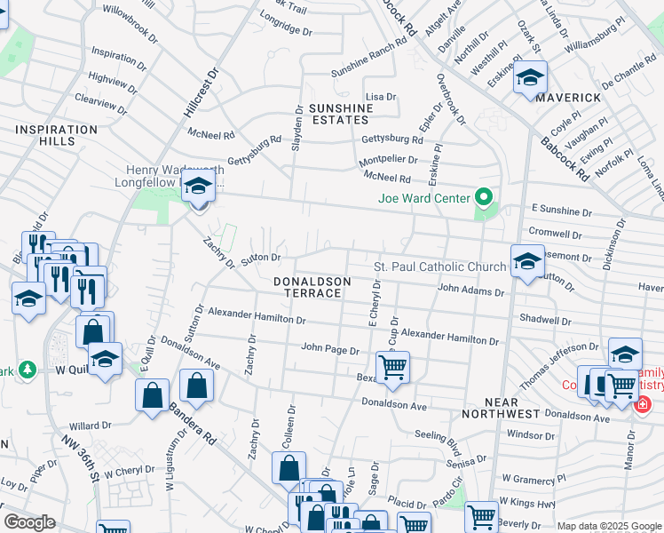 map of restaurants, bars, coffee shops, grocery stores, and more near 815 John Adams Drive in San Antonio