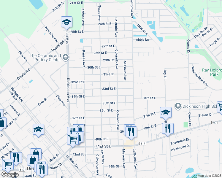 map of restaurants, bars, coffee shops, grocery stores, and more near 4706 33rd Street East in Dickinson