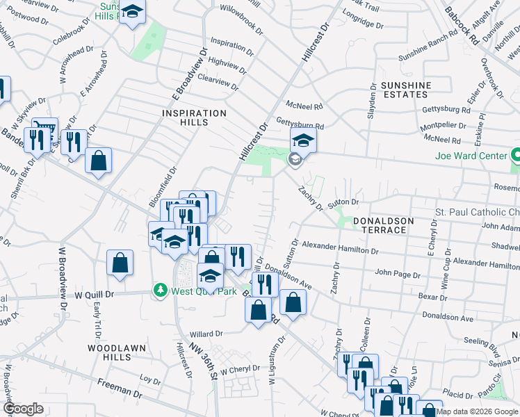 map of restaurants, bars, coffee shops, grocery stores, and more near 303 East Quill Drive in San Antonio