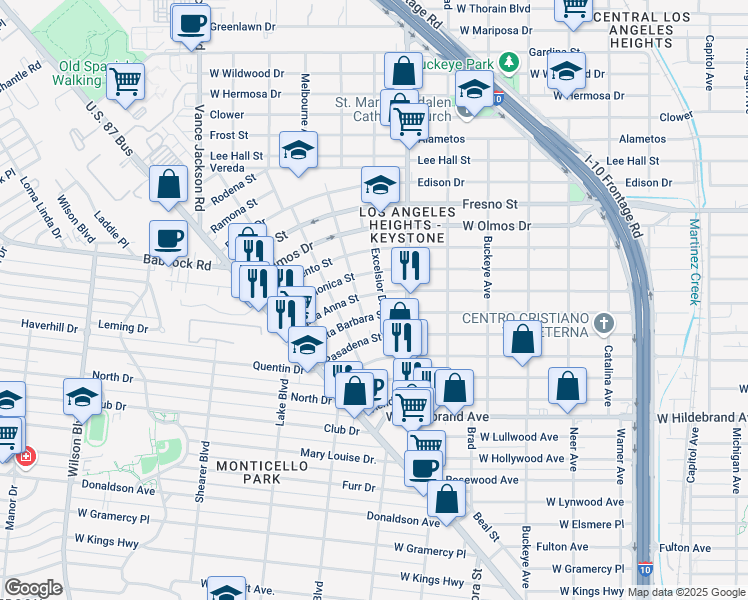 map of restaurants, bars, coffee shops, grocery stores, and more near 2011 Santa Barbara in San Antonio