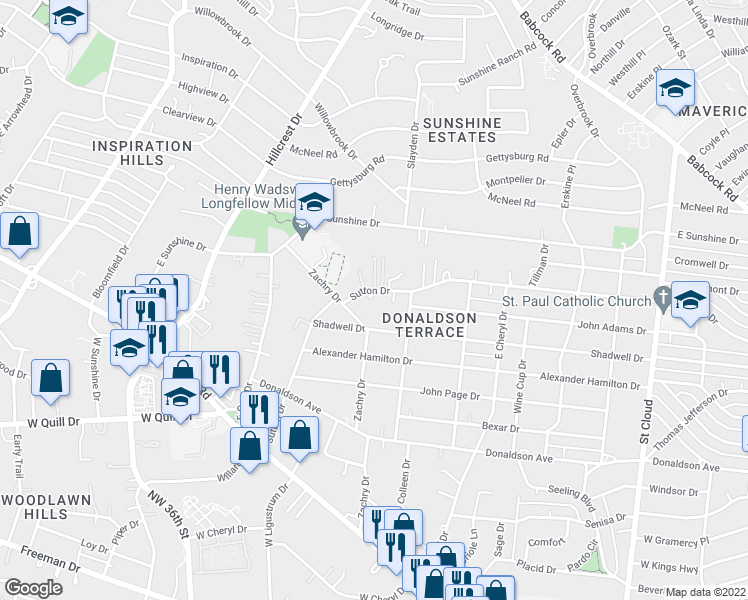 map of restaurants, bars, coffee shops, grocery stores, and more near 938 Sutton Drive in San Antonio