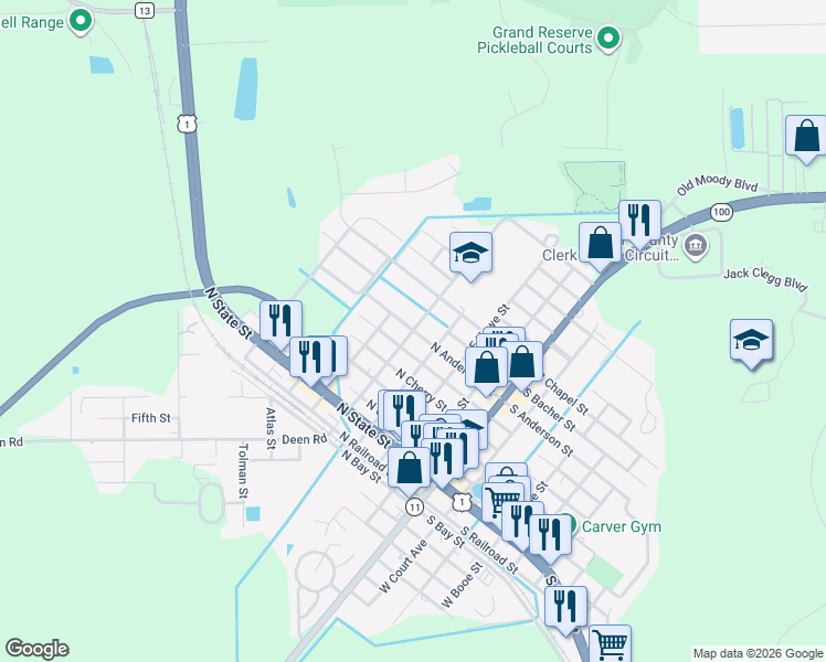 map of restaurants, bars, coffee shops, grocery stores, and more near 407 East Magnolia Street in Bunnell