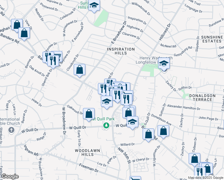 map of restaurants, bars, coffee shops, grocery stores, and more near 1704 Bandera Road in San Antonio