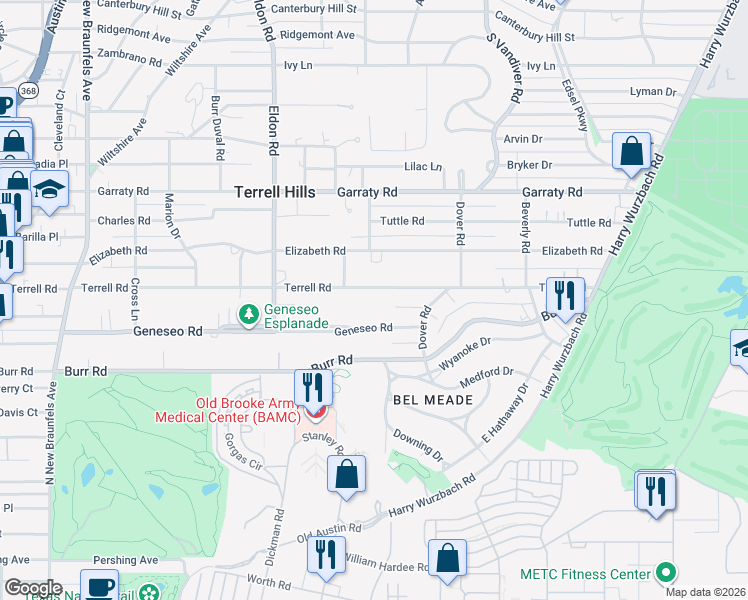 map of restaurants, bars, coffee shops, grocery stores, and more near 517 Geneseo Road in San Antonio