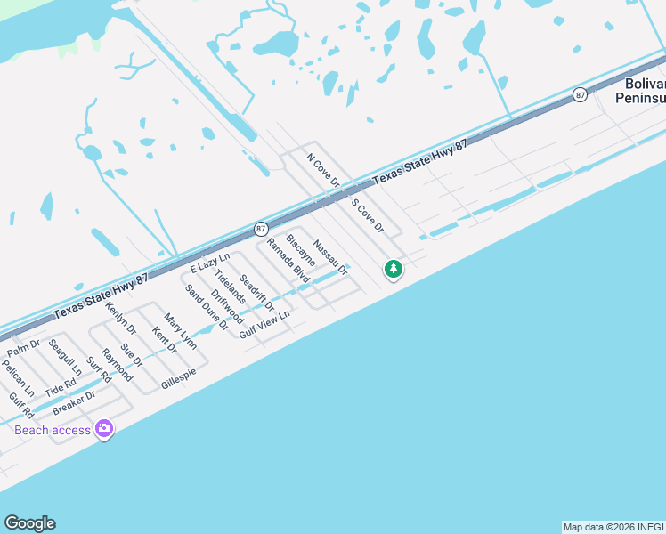 map of restaurants, bars, coffee shops, grocery stores, and more near 2941 Lakeside in Bolivar Peninsula