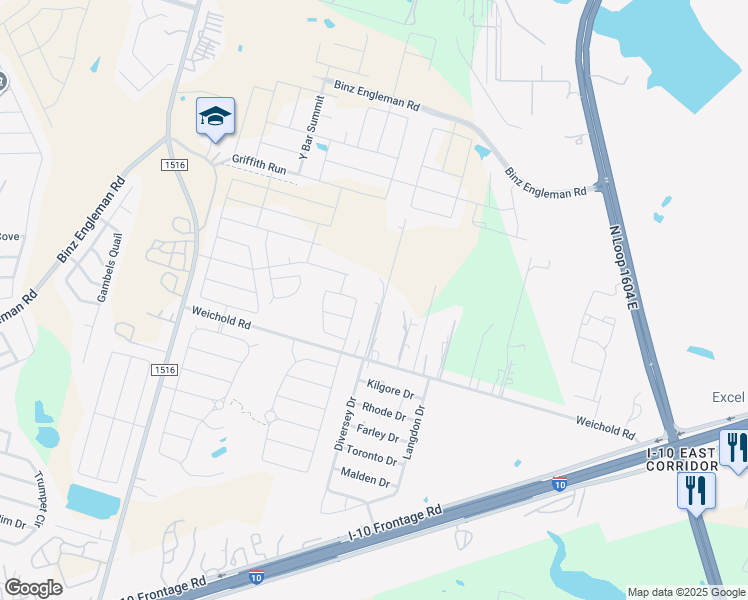 map of restaurants, bars, coffee shops, grocery stores, and more near 9265 Weichold Road in Converse