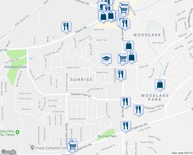 map of restaurants, bars, coffee shops, grocery stores, and more near 4714 Juniper Farm in San Antonio