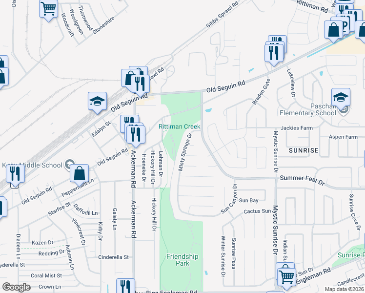 map of restaurants, bars, coffee shops, grocery stores, and more near 4427 Misty Springs Drive in San Antonio