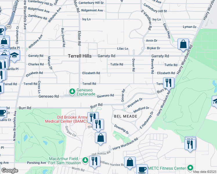 map of restaurants, bars, coffee shops, grocery stores, and more near 517 Geneseo Road in San Antonio