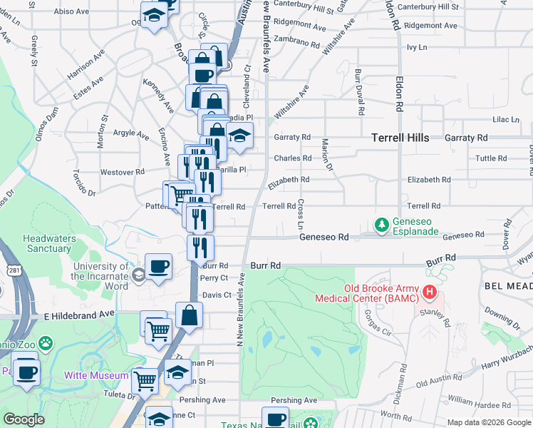 map of restaurants, bars, coffee shops, grocery stores, and more near 4526 North New Braunfels Avenue in San Antonio