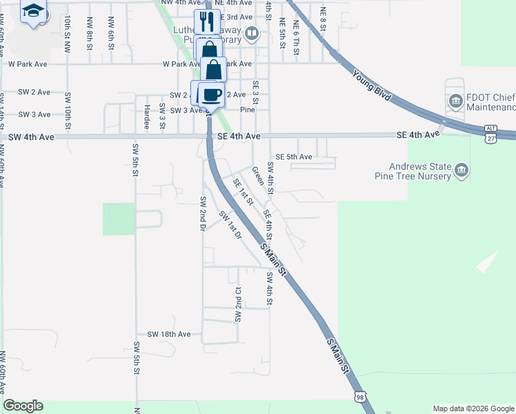 map of restaurants, bars, coffee shops, grocery stores, and more near 1103 Southeast 1st Street in Chiefland
