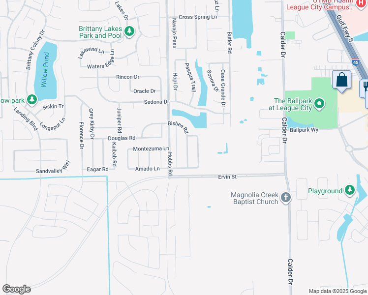 map of restaurants, bars, coffee shops, grocery stores, and more near 2505 Bisbee Road in League City