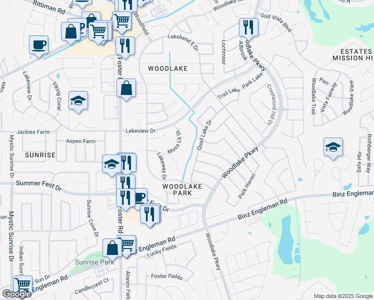 map of restaurants, bars, coffee shops, grocery stores, and more near 6815 Winter Lake Drive in San Antonio