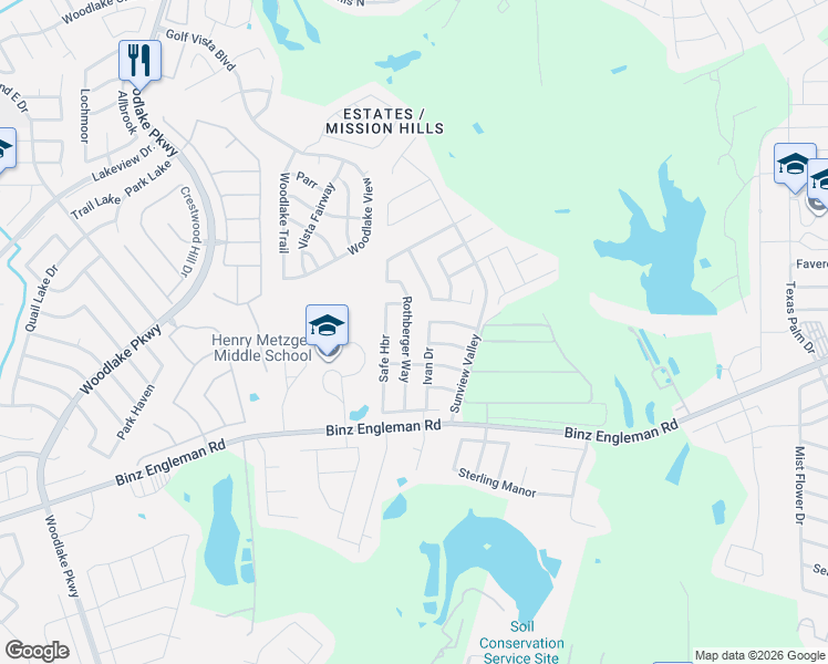 map of restaurants, bars, coffee shops, grocery stores, and more near 4423 Rothberger Way in San Antonio
