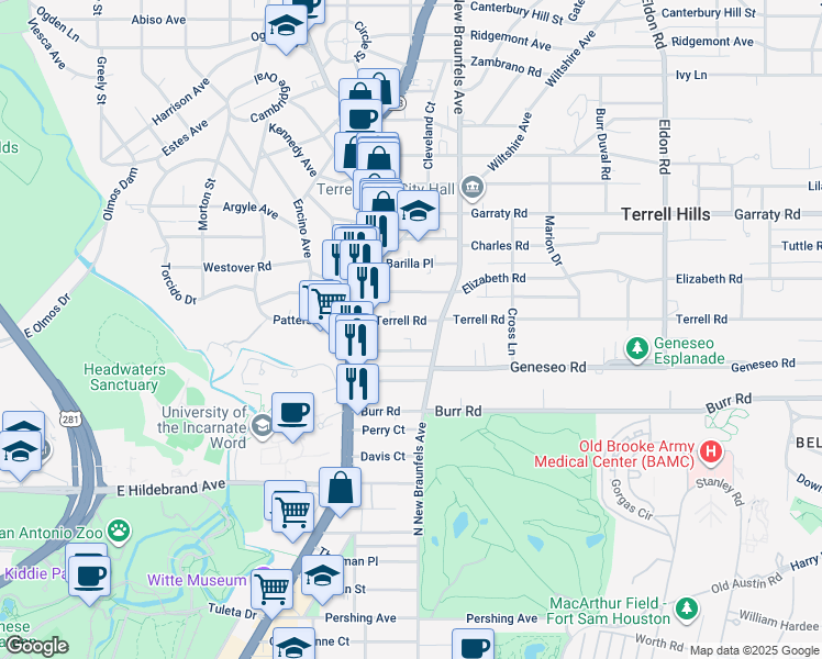 map of restaurants, bars, coffee shops, grocery stores, and more near 145 Harrigan Court in Alamo Heights