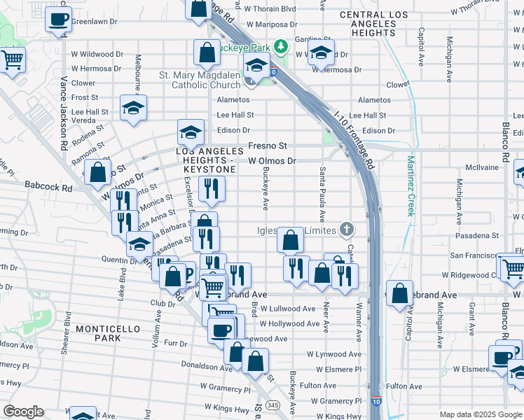 map of restaurants, bars, coffee shops, grocery stores, and more near 1711 Santa Barbara in San Antonio