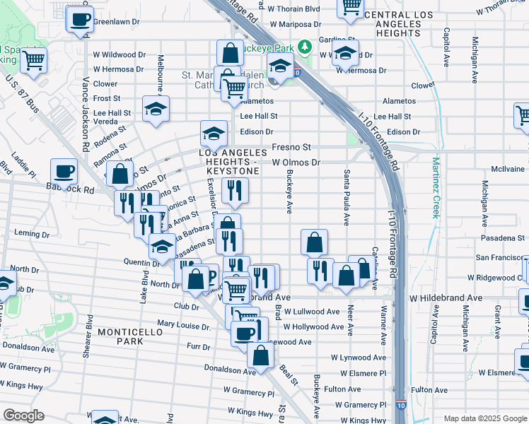 map of restaurants, bars, coffee shops, grocery stores, and more near 1801 Santa Barbara in San Antonio
