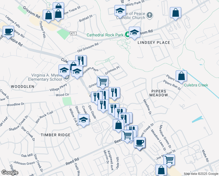 map of restaurants, bars, coffee shops, grocery stores, and more near 3379 Timber View Drive in San Antonio