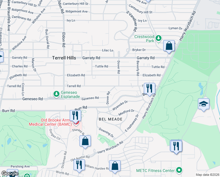 map of restaurants, bars, coffee shops, grocery stores, and more near 533 Geneseo Road in San Antonio