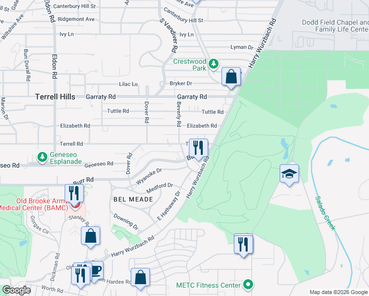 map of restaurants, bars, coffee shops, grocery stores, and more near 897 Burr Road in San Antonio