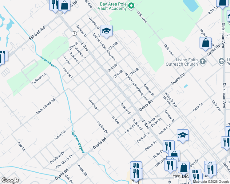 map of restaurants, bars, coffee shops, grocery stores, and more near 2708 Avenue F in Dickinson
