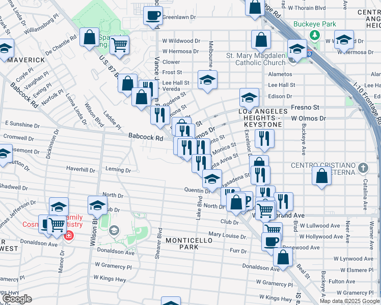 map of restaurants, bars, coffee shops, grocery stores, and more near 2903 U.S. 87 Bus in San Antonio