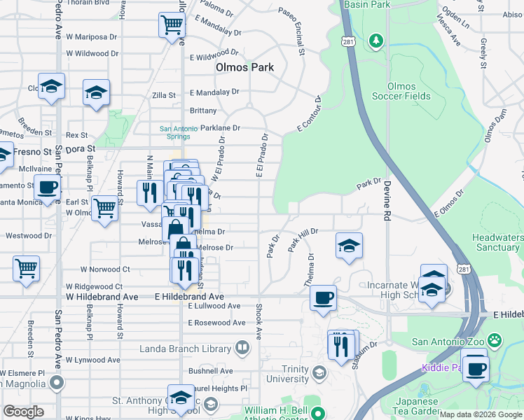 map of restaurants, bars, coffee shops, grocery stores, and more near 503 East Olmos Drive in San Antonio