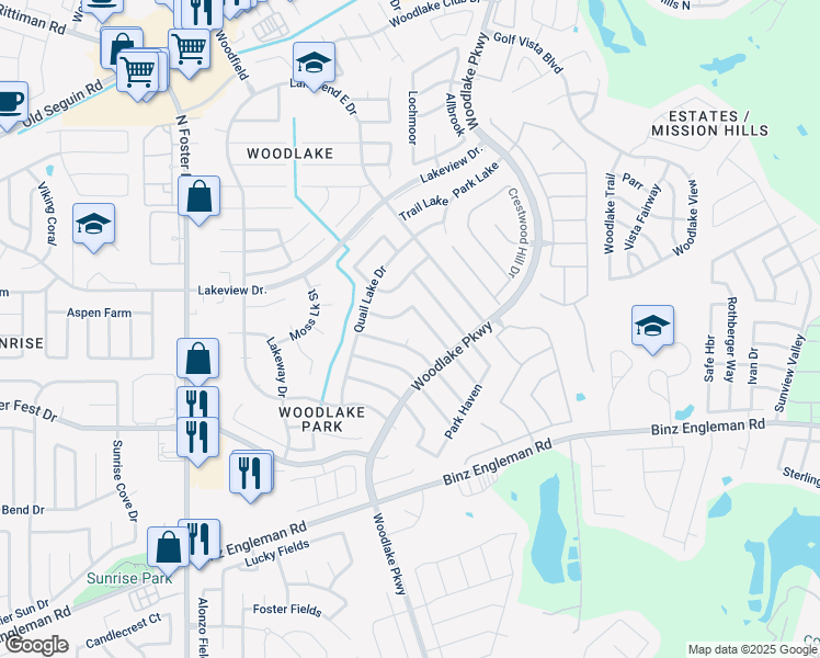 map of restaurants, bars, coffee shops, grocery stores, and more near 5122 Pine Lake Drive in San Antonio