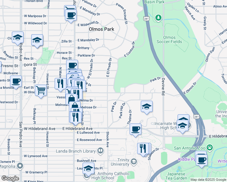 map of restaurants, bars, coffee shops, grocery stores, and more near 530 East Olmos Drive in Olmos Park