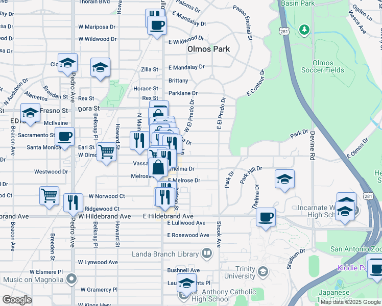 map of restaurants, bars, coffee shops, grocery stores, and more near 350 East Olmos Drive in Olmos Park