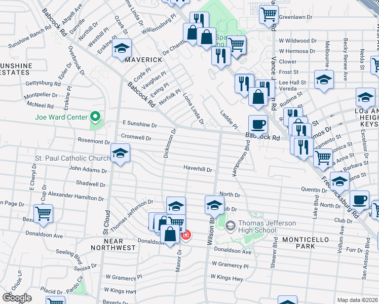 map of restaurants, bars, coffee shops, grocery stores, and more near 146 Rosemont Drive in San Antonio