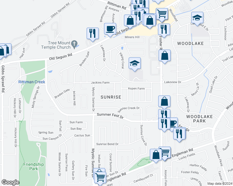 map of restaurants, bars, coffee shops, grocery stores, and more near 4710 Lyndys Farm in San Antonio