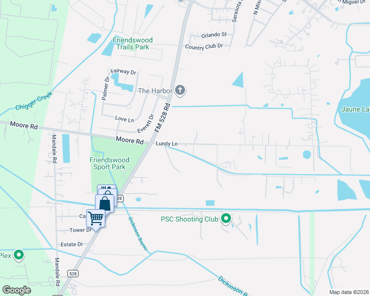 map of restaurants, bars, coffee shops, grocery stores, and more near 1700 Lundy Lane in Friendswood