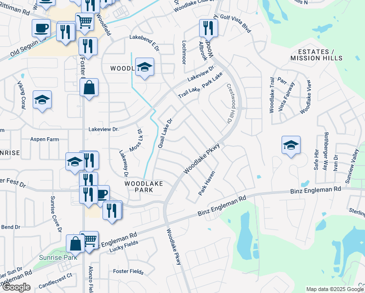map of restaurants, bars, coffee shops, grocery stores, and more near 5122 Pine Lake Drive in San Antonio