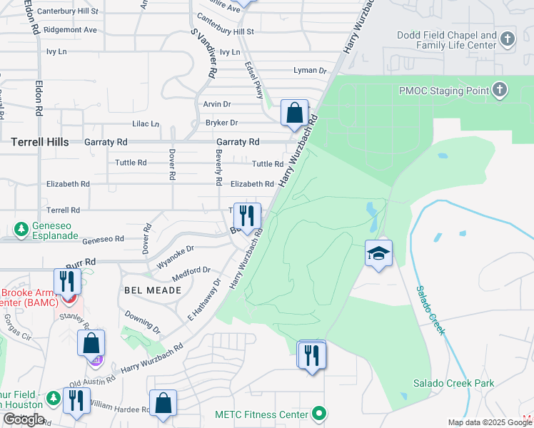 map of restaurants, bars, coffee shops, grocery stores, and more near Harry Wurzbach & Burr Rd in San Antonio
