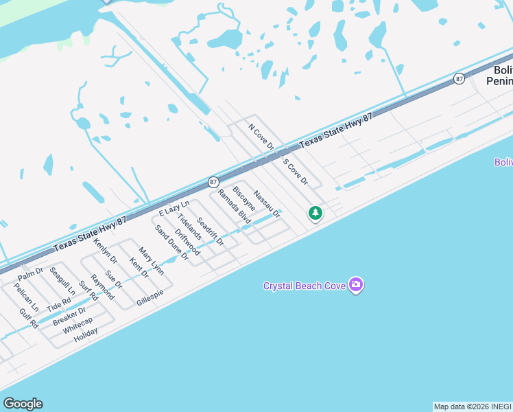 map of restaurants, bars, coffee shops, grocery stores, and more near 2904 Laguna Drive in Bolivar Peninsula