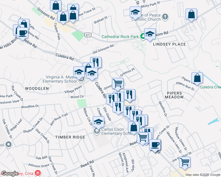 map of restaurants, bars, coffee shops, grocery stores, and more near 3601 Grissom Mist in San Antonio