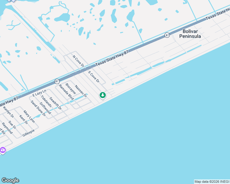 map of restaurants, bars, coffee shops, grocery stores, and more near 3012 Cedar Lane in Bolivar Peninsula