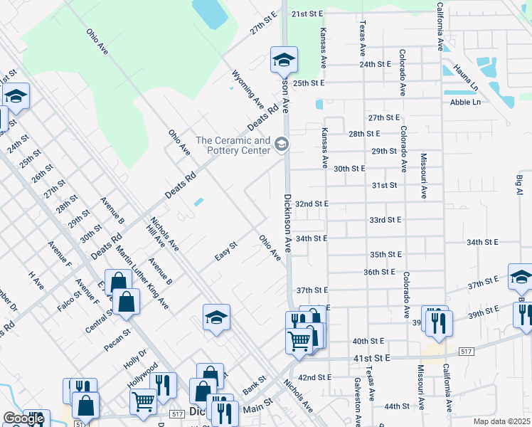 map of restaurants, bars, coffee shops, grocery stores, and more near 3310 Dickinson Avenue in Dickinson