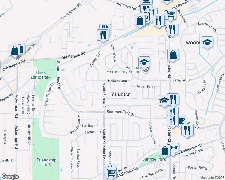 map of restaurants, bars, coffee shops, grocery stores, and more near 6126 Joes Farm in San Antonio
