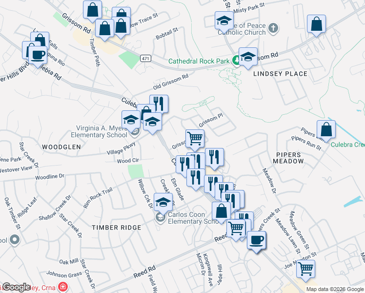 map of restaurants, bars, coffee shops, grocery stores, and more near 3601 Grissom Mist in San Antonio