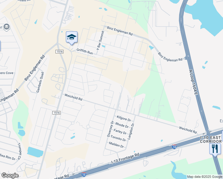 map of restaurants, bars, coffee shops, grocery stores, and more near 9265 Weichold Road in Converse