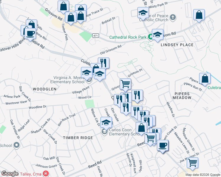 map of restaurants, bars, coffee shops, grocery stores, and more near 3601 Grissom Mist in San Antonio