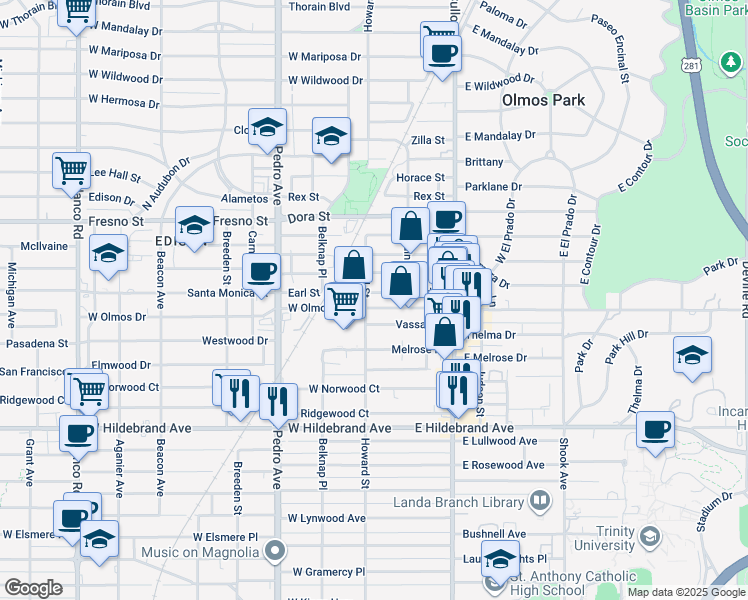 map of restaurants, bars, coffee shops, grocery stores, and more near 141 Vassar Lane in San Antonio