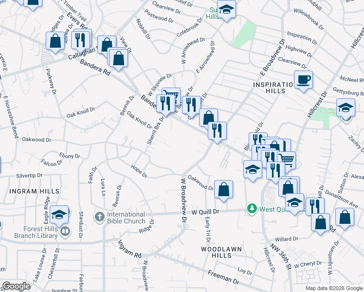 map of restaurants, bars, coffee shops, grocery stores, and more near 1955 Bandera Road in San Antonio